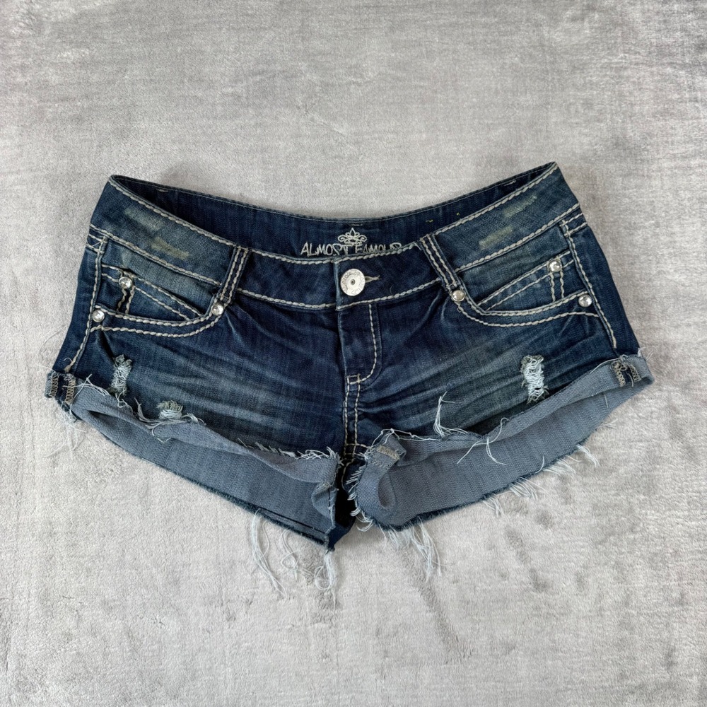 Almost Famous Shorts Womens 13 Blue Denim Distressed Rhinestone Y2K McBling